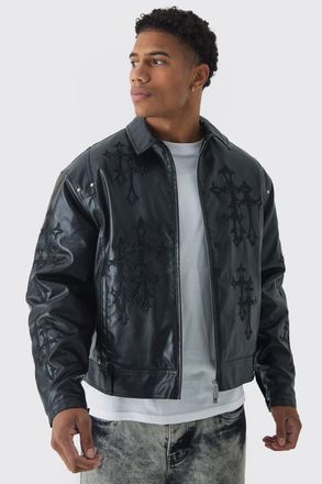 Boohooman Mens Cross Applique PU Bomber Jacket In Black - Size X-Small
