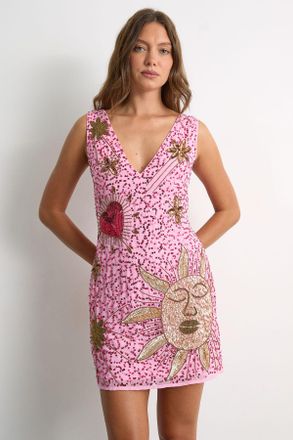 Warehouse Womens Premium Hand Embellished V Neck Mini Dress - Pink - Size 16 UK
