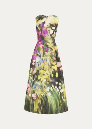 Oscar De La Renta Sleeveless Abstract Garden Faille Midi Cocktail Dress