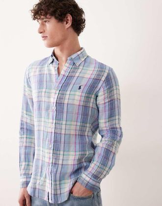 Polo Ralph Lauren Camicia a maniche lunghe in lino multicolore a quadri con logo iconico