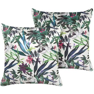 Beliani Conjunto De 2 Cojines De Terciopelo Verde Blanco Crema 45 X 45 Cm Gasteria
