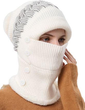 Feoya Women Winter Balaclava Pullover Knitted Hat Mask Set Warm Hooded Scarf Fleece Face Cover Ski Cap for Snowboard Outdoor Sports B-White