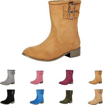 Generic Womens Ankle Boots Wide Calf Buckle Strap Cowboy Boots Faux Suede Mid Calf Cowgirl Boot Western Non-Slip Rading Booties Solid Lightweight Round Toe Tr