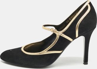Ralph Lauren Black/gold Leather And Suede Mary Jane Pumps