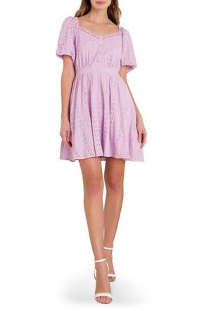 Flying Tomato Embroidered Eyelet Puff Sleeve Cotton Minidress in Lilac at Nordstrom Rack, Size Medium