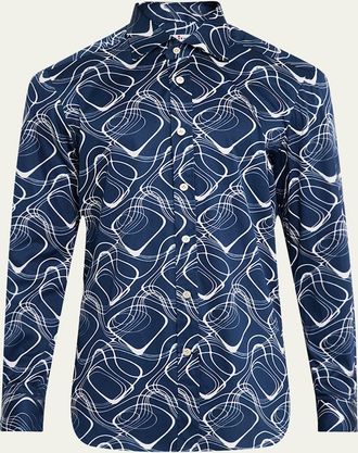 Kiton Mens Cotton Wave-Print Sport Shirt