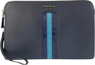 Prada Pre-owned Saffiano Leren Krokodillen Clutch - Heren - Vintage Clutch - Blauw - ONE Size - Leer - Vintage