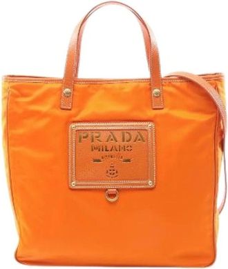 Prada Pre-owned Tote Bags, female, Orange, Size: ONE SIZE Pre-owned Nylon Saffiano Leather Tote Bag