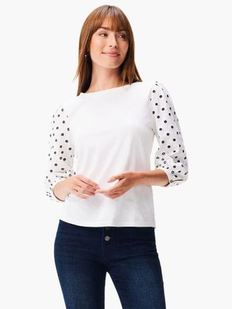 Nic+Zoe NIC+ZOE Eyelet Breeze Top Women White Cotton Boat Neck Puff Sleeve JDM639