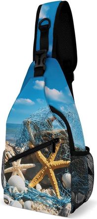 Generic Beach Seashell Starfish Mens Crossbody Chest Sling Bag for Travel Hiking Lightweight Shoulder Bags with Small Side