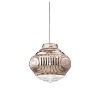 Zafferano Bonnie Lampada A Sospensione In Vetro Soffiato Finitura Oro Rosa, Design Artigianale Con Lavorazione A Rilievo Rigadin E Struttura In Metallo Grigio