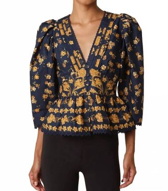 Olivaceous Arya Floral Puff Sleeve Blouse In Navy Gold