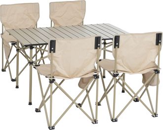 Hhg Conjunto De Camping Hhg-797, Mesa Y 4 Sillas Plegables, Silla De Pesca Plegable, Metal Y Tela, Color Crema