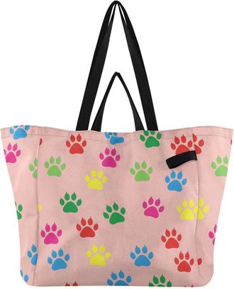 Generic Dinosaur Paw Colorful print Reusable Canvas Tote Bag, Heavy Duty Grocery Shopping Bag with Double Handles Hard Bottom Large Capacity Work Groceries Tr