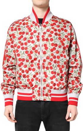 Dolce & Gabbana White Cherry Print Full Zip Bomber Mens Jacket
