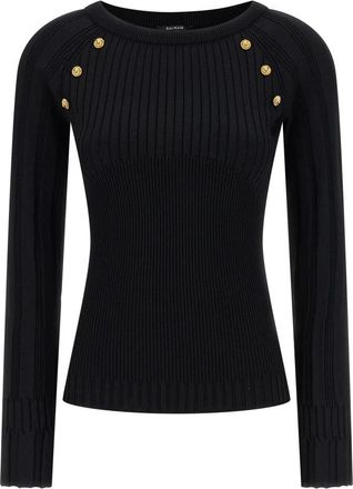 Balmain Gebreide Top met Knopen - Dames - Ronde hals truien - Zwart - XS - Leer - Truien & Vesten