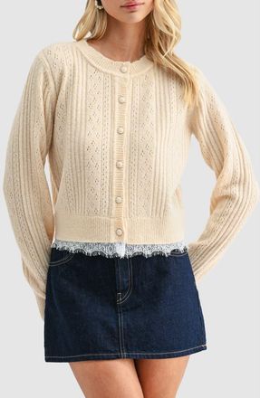 All in Favor Lace Trim Pointelle Cardigan in Butter at Nordstrom, Size X-Small