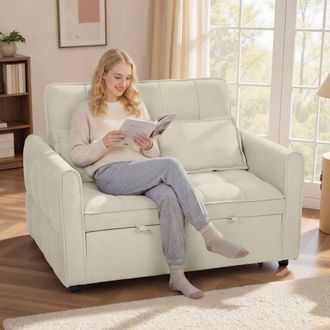 HOMCOM 2 Seater Sofa Bed, 3-in-1 Sleeper Sofa with Adjustable Backrest in Light Brown
