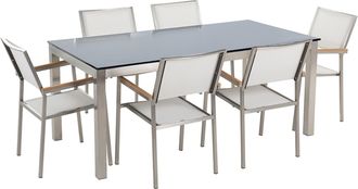 Beliani Conjunto De Comedor De Jard&iacute;n Blanco Con Mesa 180 X 90 Cm De Vidrio Negro 6 Sillas Grosseto