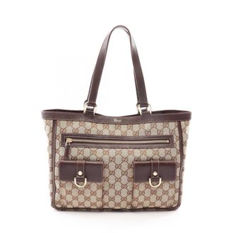 Gucci Beige Brown Canvas Leather Handbag Tote Bag (Pre-Owned)