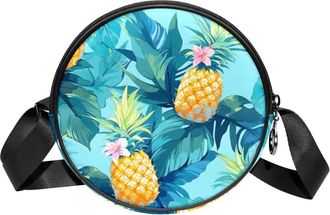 Generic Circle Crossbody Bag for Women, Tropical Pineapple Small Sling Bag Daypack with Zipper Adjustable Shoulder Straps Casual Ladies Girls Round Purse
