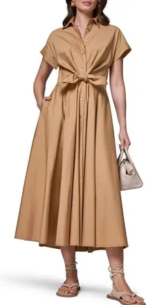 DKNY Tie Waist Short Sleeve Stretch Cotton Midi Shirtdress in Fawn at Nordstrom, Size X-Small