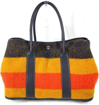 Herm&egrave;s Navy Orange Yellow Wool Leather Handbag Tote Bag (Pre-Owned)