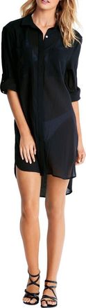 Seafolly Crinkle Twill Beach Cover-Up Dress in Black at Nordstrom, Size Medium