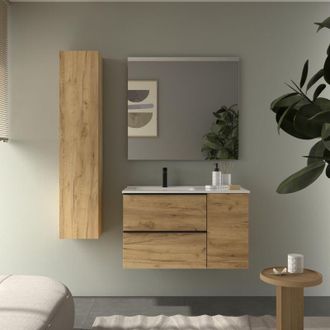 Cygnus Bath Mueble De Ba&ntilde;o Nabua Plus 90cm Roble Lavabo Porcelana Grifo Izquierda 1p