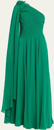 Teri Jon Pleated Cape-Sleeve Chiffon Gown
