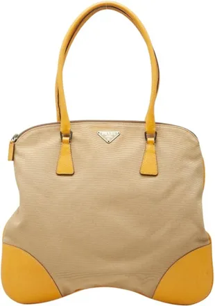Prada Beige Yellow Canvas Leather Shoulder Bag Tote Bag (Pre-Owned)