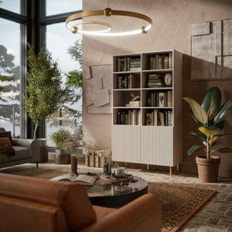 Dmora Librer&iacute;a Estarreja, Estanter&iacute;a Con Compartimentos Abiertos Y Dos Puertas, Elevada Del Suelo, 100x42 H177 Cm, Beige