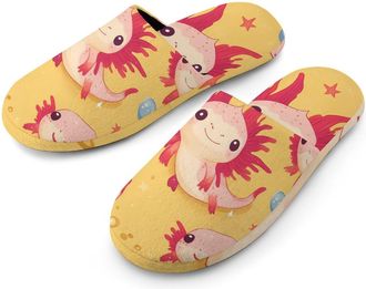 Generic Cute Axolotls Mens Slippers Flannel Warm House Shoes with Rubber Anti-Slip Sole Slip On for Home Outdoor