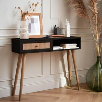 Sweeek 100cm Wood & Cane Decor Console Table in Black