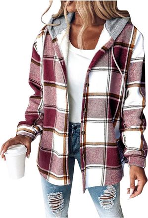 Generic Winter Jackets For Women Uk Checked Casual Loose Shacket Women Plaid Fleece Lined Hooded Jacket Fuzzy Button down Coats Long Sleeve Warm Shirts Thick 