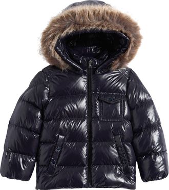 Moncler Kids K2F Down Puffer Jacket with Faux Fur Trim in Navy at Nordstrom, Size 12-18M