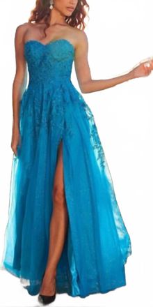 Jovani Strapless Lace Glitter Toole Ballgown In Turqoise