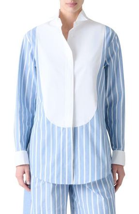 Akris Stripe Plastron Button-Up Shirt in Sky-Cream at Nordstrom, Size 6