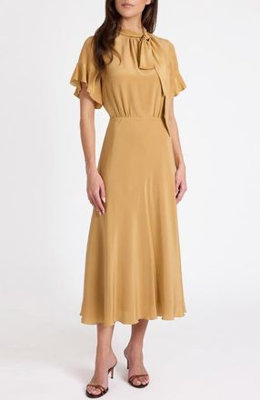 Santorelli Sabrina Silk Short Sleeve Tie Neck Midi Dress in Dune Sand at Nordstrom, Size 10