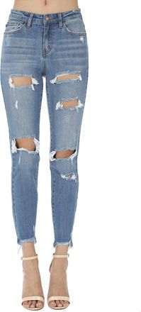 Judy Blue Distressed Girlfriend Jeans In Denim