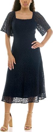 Nina Leonard Flutter Sleeve Lace MIdi Dress in Navy at Nordstrom Rack, Size X-Large