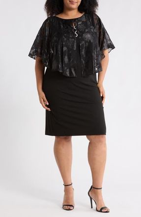 Connected Metallic Burnout Jacquard Cape Cocktail Dress in Black at Nordstrom, Size 24W