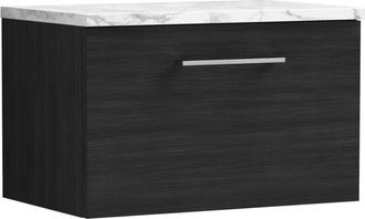 Nuie Nuie - Arno Wall Hung 1-Drawer Vanity Unit with Carrera Marble Worktop 600mm Wide - Charcoal Black Woodgrain
