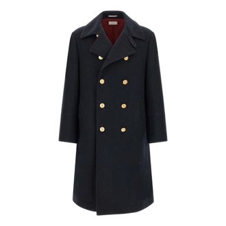 Brunello Cucinelli Jassen, Heren, Blauw, L, Leer, Double-Breasted Crest-Button Coat
