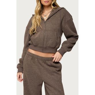 Edikted Laulie Crop Zip Hoodie in Brown at Nordstrom, Size X-Large