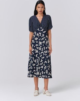 Ghost London Lulu V-neck Midi Dress in Navy Spot Floral at Nordstrom, Size 12