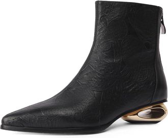 TinaCus Womens Pointed Toe Embossed Genuine Leather Handmade Low Heels Back Zip Up Ankle Boots, Black, 7 UK
