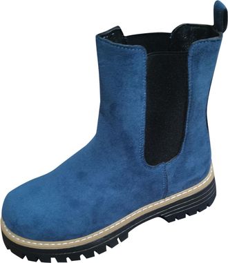 Generic Blue Female British Suede Round Toe Block Heel Skinny Short Boots for Fall and Winter Leisure Walking Footwear with Thick Sole and Supportive Heel