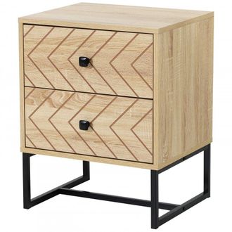 HOMCOM Bedside Table 2 Drawer Unit Zig Zag Design w/ Black Metal Handles Melamine Finish - Home Living | TJ Hughes Natural
