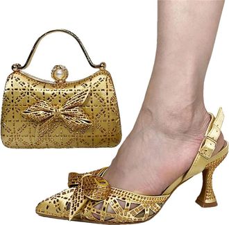Generic Womens Wedding Bride Stiletto High Heel Shoes and Handbag Set Luxury Rhinestone Bow Decoration